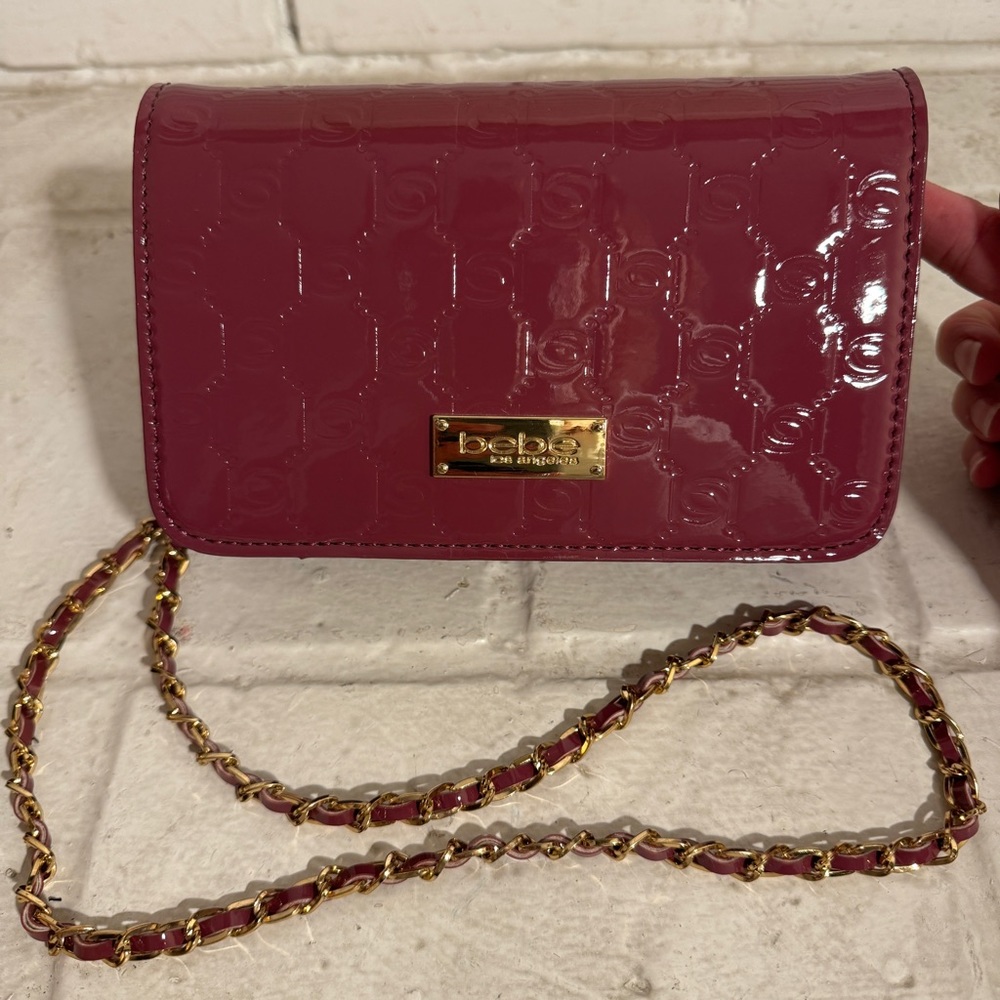bebe Glossy Quilted Crossbody in Raspberry with Gold Chain